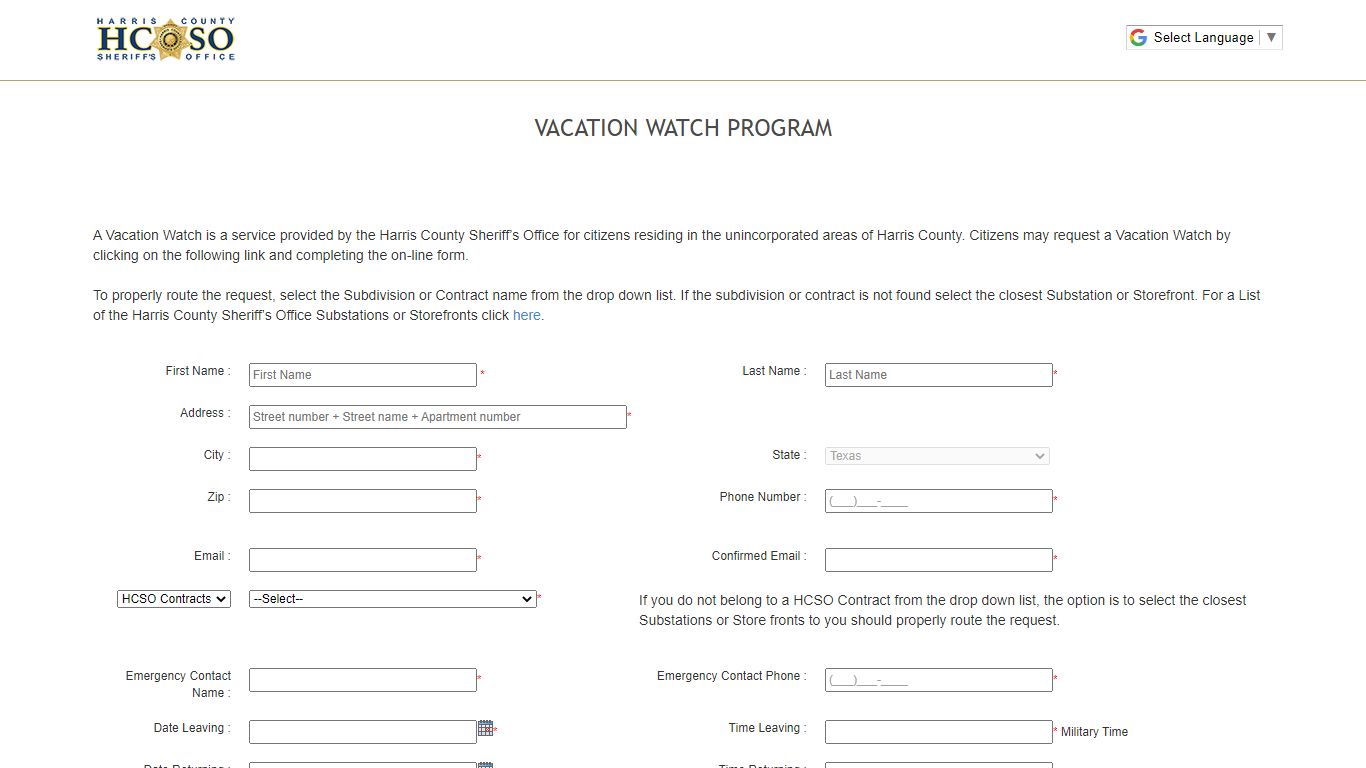 Vacation Watch Program - Harris County Sheriff's Office
